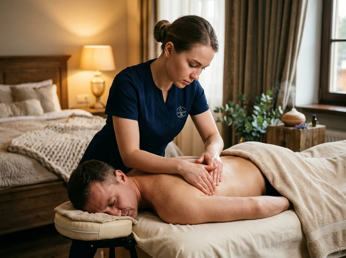 Therapist in dark blue uniform giving aromatherapy Swedish deep tissue massage to male client