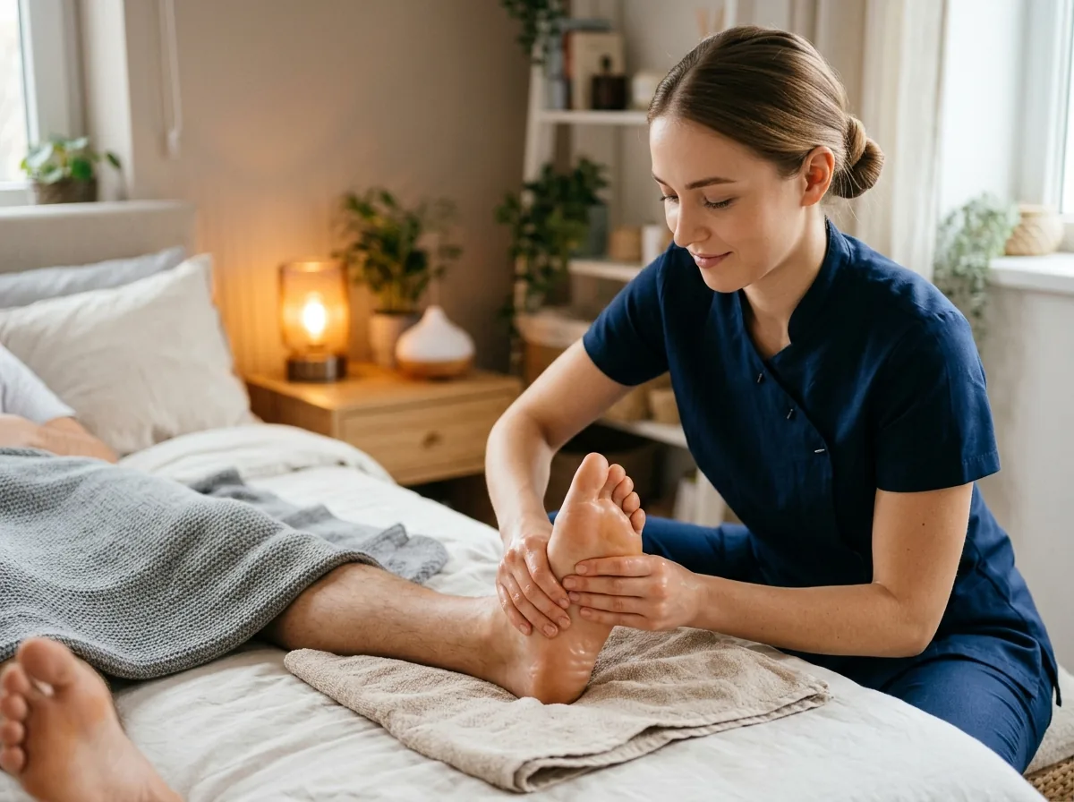 Female therapist in dark blue uniform giving foot reflexology massage to male client