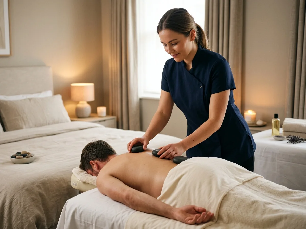 Female therapist in dark blue uniform performing hot stone massage on male client