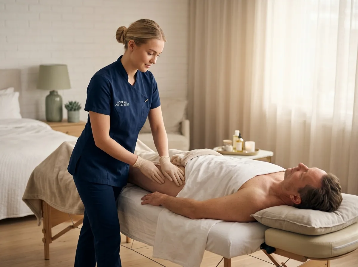 Masseuse in dark blue uniform giving gentle lymphatic drainage massage to male client