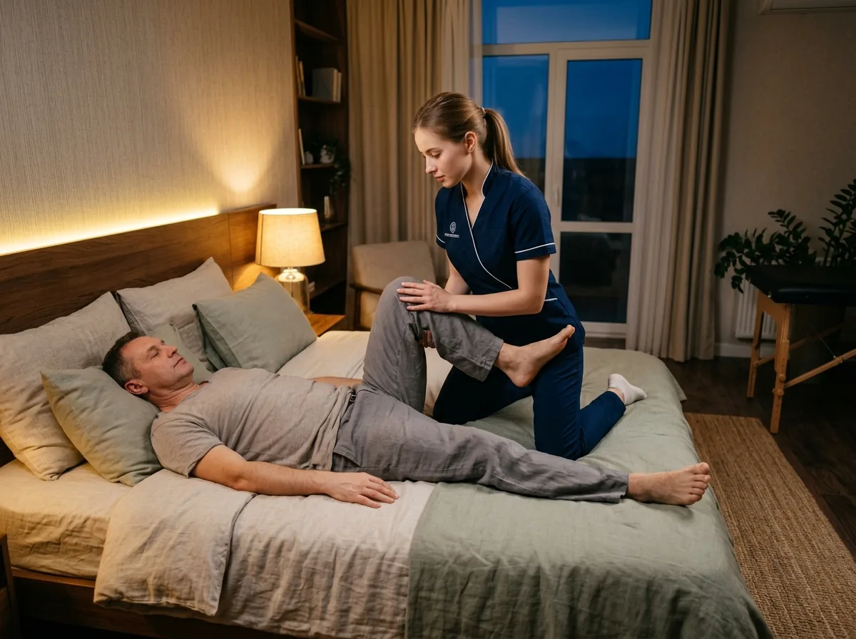 Female therapist in dark blue uniform performing traditional Thai stretching massage on male client